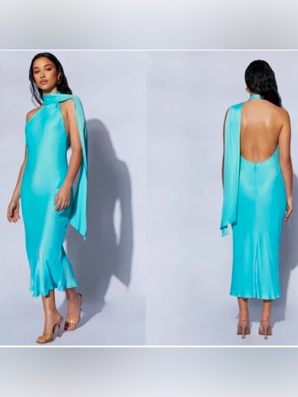 NWT Meshki Dress Womens Size M Turquoise Blue One-Shoulder Halter Midi Satin